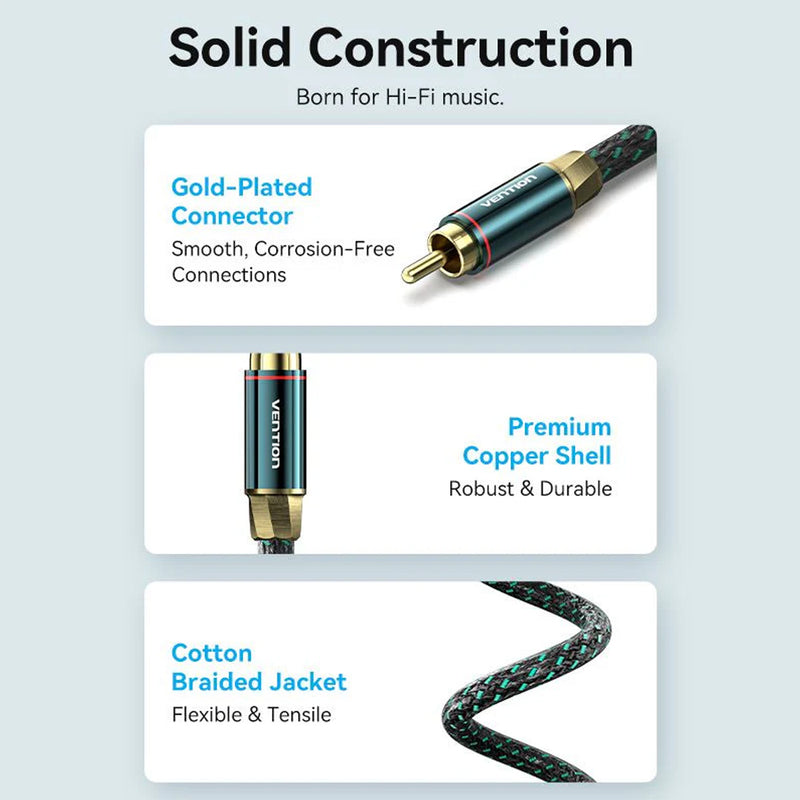 Vention Cotton Braided RCA Male to Male Coaxial Audio Cable - Green Copper Type 2M (BCTGH)