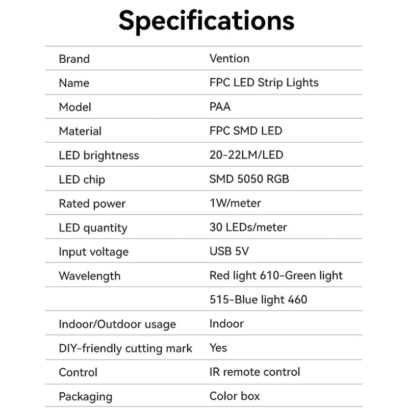 Vention RGB FPC LED Strip Lights with IR Remote & USB 5V Power Supply - (2M, 5M) (PAAWH, PAAWJ)