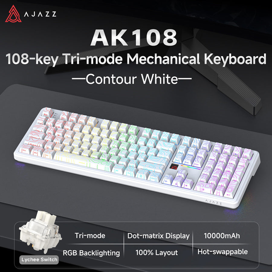 Ajazz AK108 RGB Tri-Mode 108 Keys Dot Matrix Display Mechanical Keyboard (Contour White)