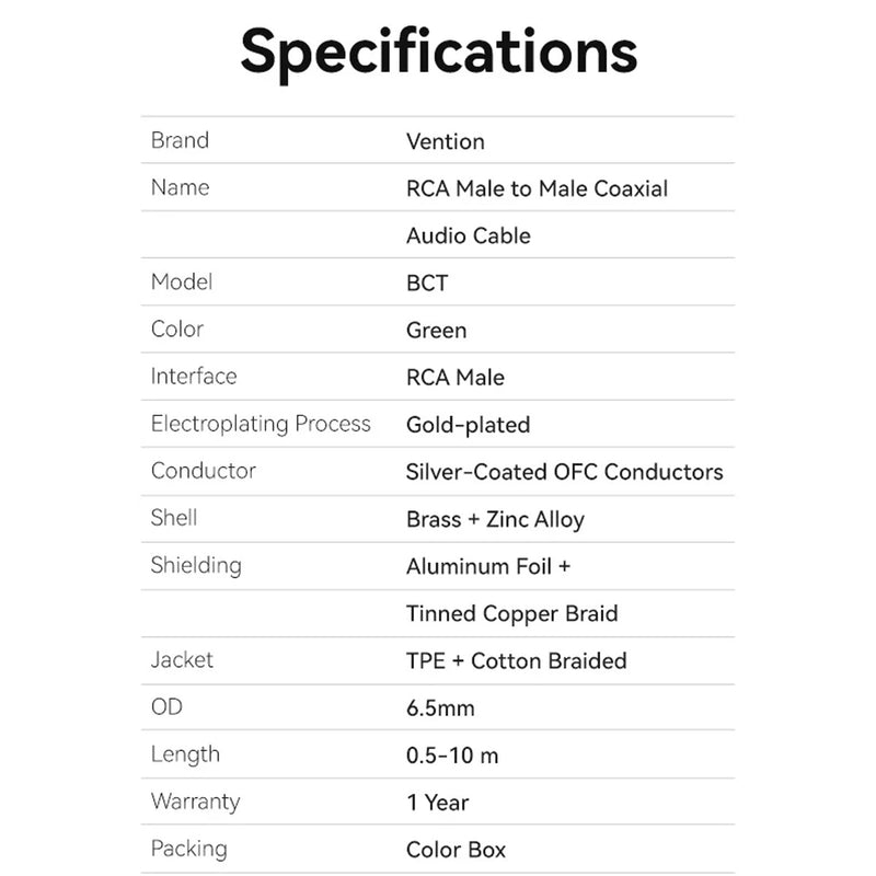 Vention Cotton Braided RCA Male to Male Coaxial Audio Cable - Green Copper Type 2M (BCTGH)