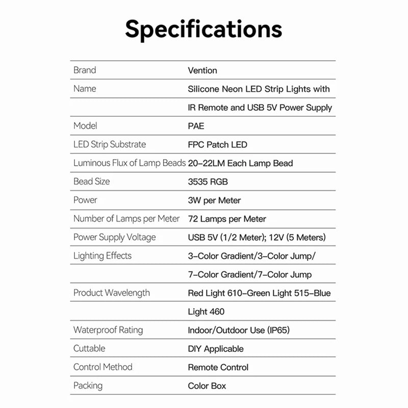 Vention Silicone Neon LED Strip Lights with IR Remote & USB 5V Power Supply - 1M, 2M 