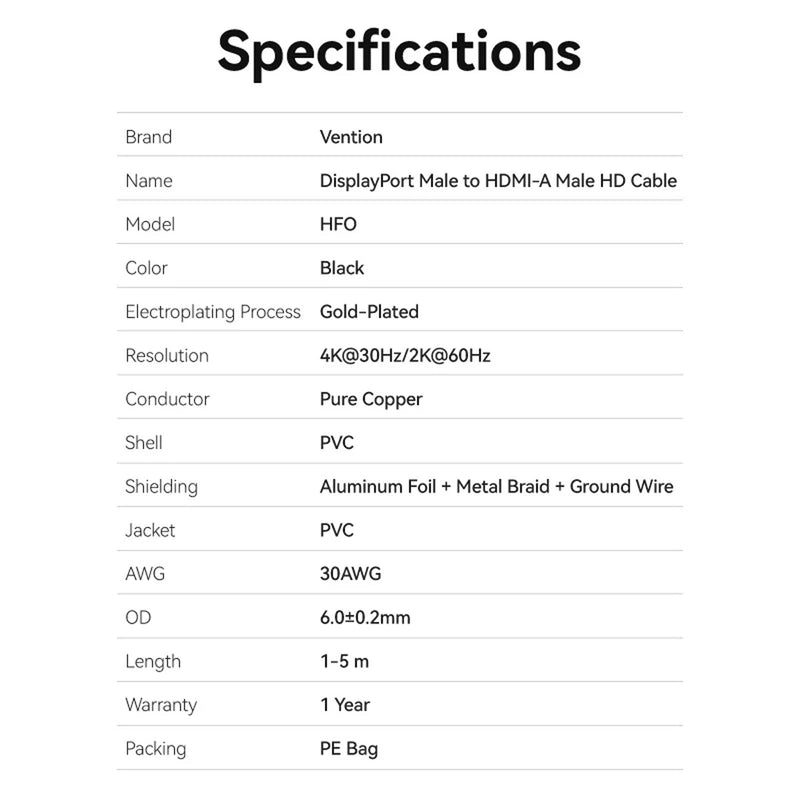 Vention DisplayPort to HDMI Cable - 1.8M, 3M, 5M (HFOBAC, HFOBI, HFOBJ)