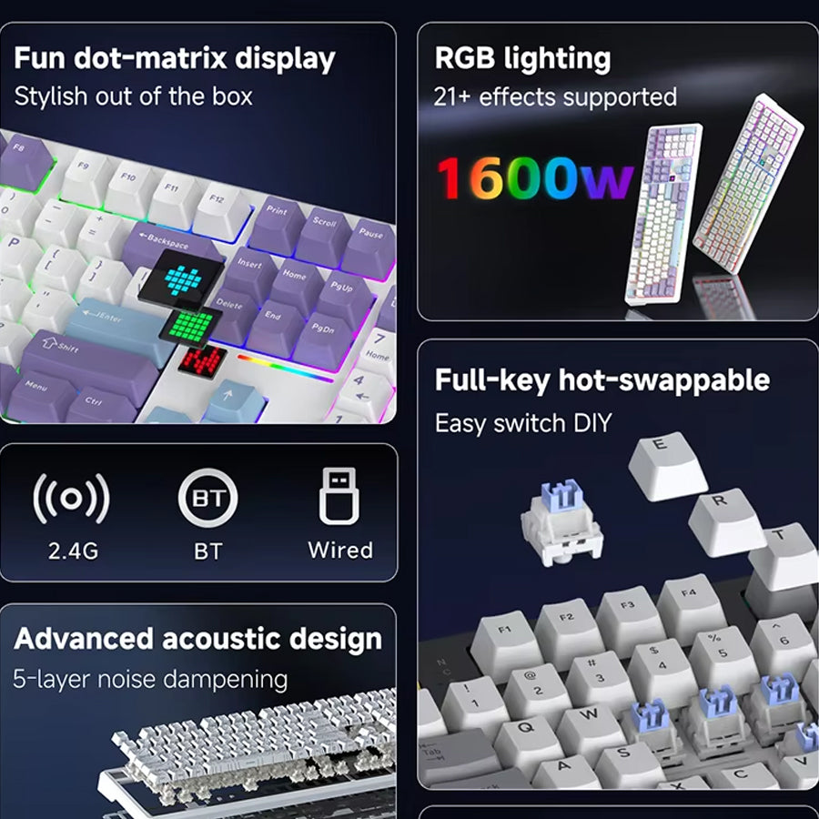 Ajazz AK108 RGB Tri-Mode 108 Keys Dot Matrix Display Mechanical Keyboard (Purple-White-Blue)