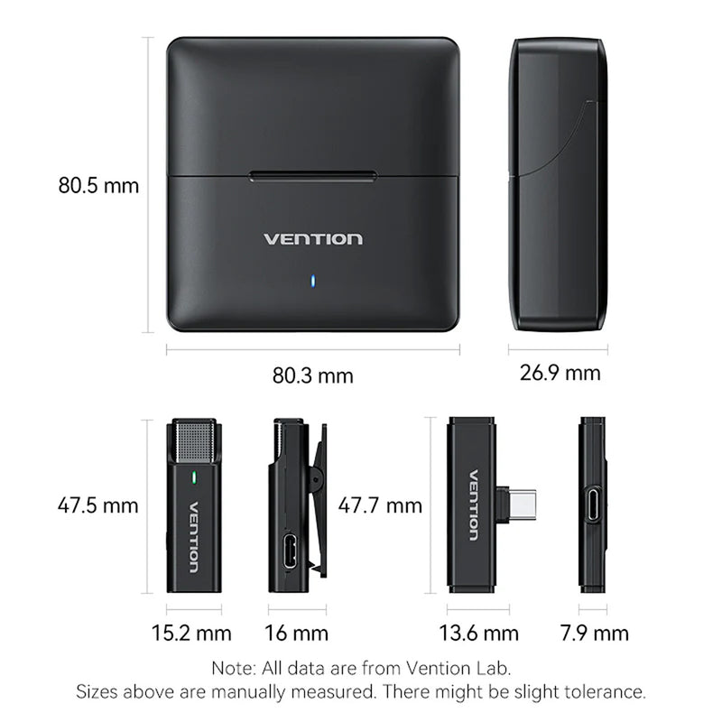 Vention USB-C 2-Pack Wireless Lavalier Microphone with Charging Case (Black) (NCAB0)