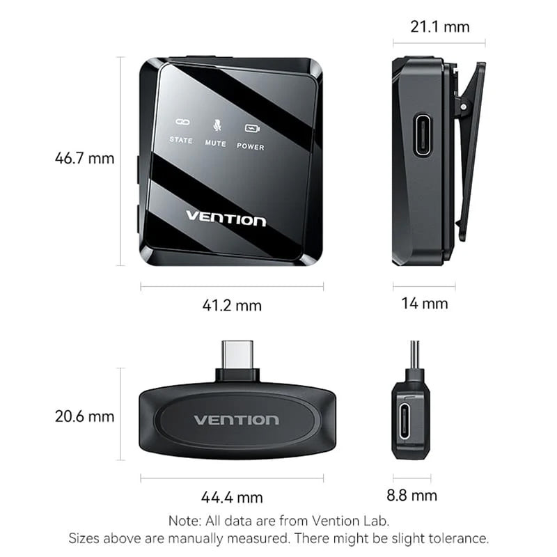 Vention USB-C 2-Pack Wireless Lavalier Microphone (Black) (NCBB0)