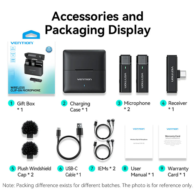 Vention USB-C 2-Pack Wireless Lavalier Microphone with Charging Case (Black) (NCAB0)