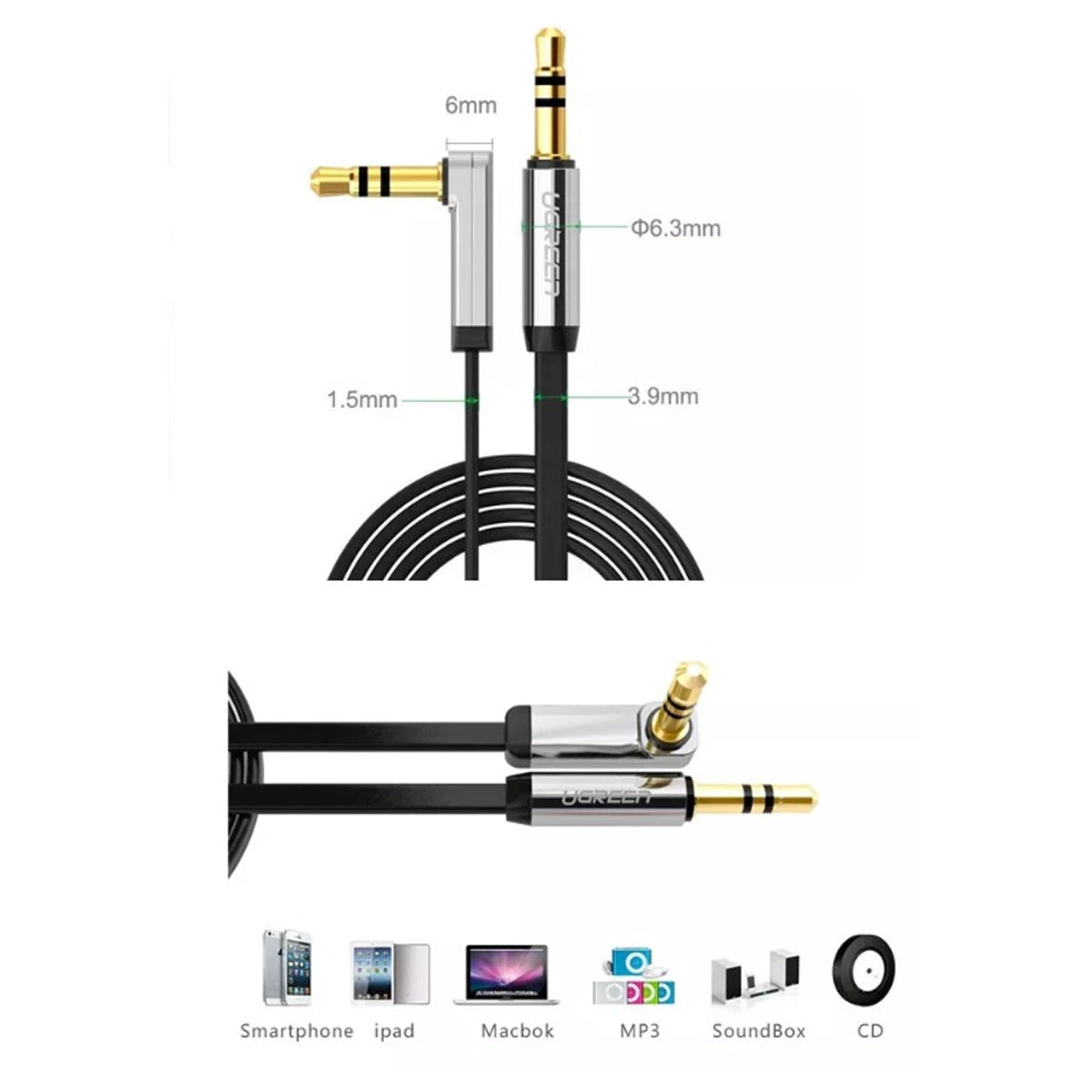 Ugreen 3.5mm Male to Male Angled Flat Cable