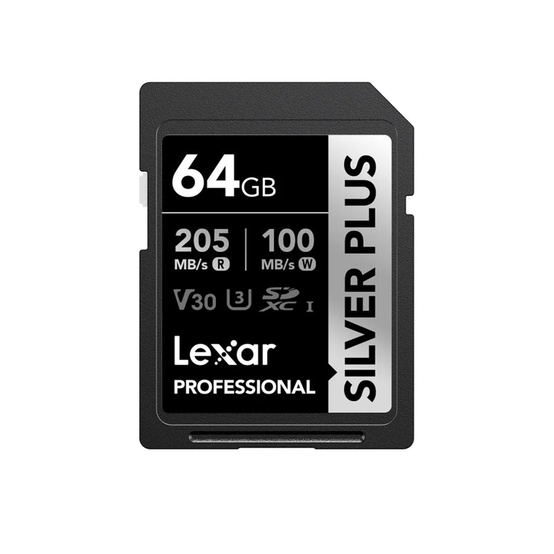 Lexar Professional SILVER PLUS 64GB SDXC UHS-I C10 U3 V30 205MB/s Read 100MB/s Write SD Card