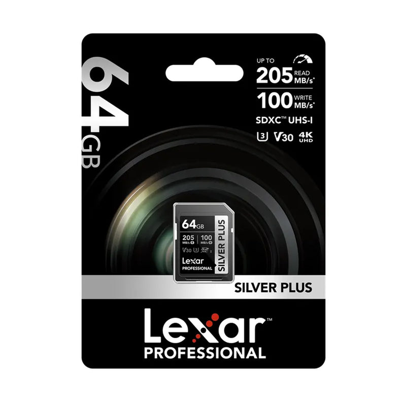 Lexar Professional SILVER PLUS 64GB SDXC UHS-I C10 U3 V30 205MB/s Read 100MB/s Write SD Card