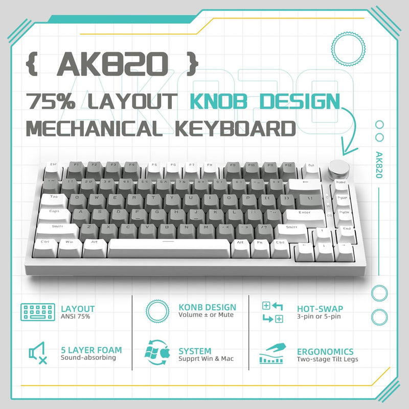 Ajazz AK820 White Backlit Wired 75% Hot-Swappable Mechanical Keyboard