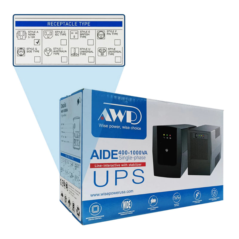 AWP Aide Single-Phase 1000VA 600W Line-Interactive UPS with Stabilizer