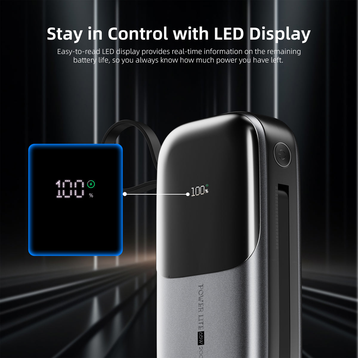 Vyvylabs Power Lite Digital Display Power Bank 20000mAh 65W with C+L Fast Charging Cable