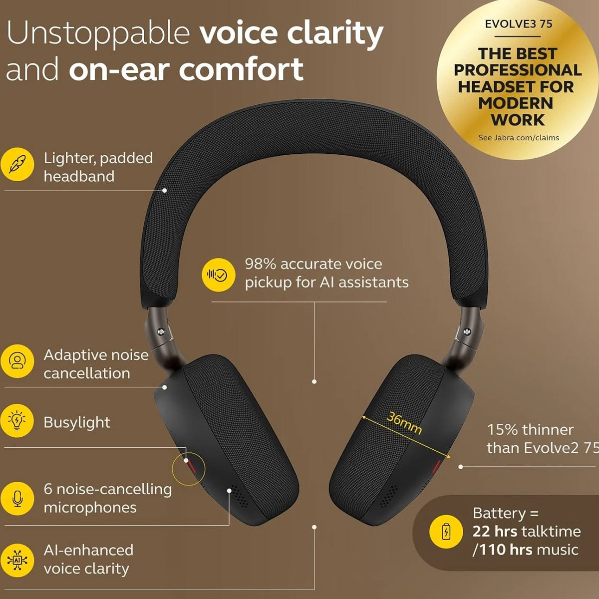 Jabra Evolve3 75 MS Link390c USB-C Wireless Headset With Dongle (Black)