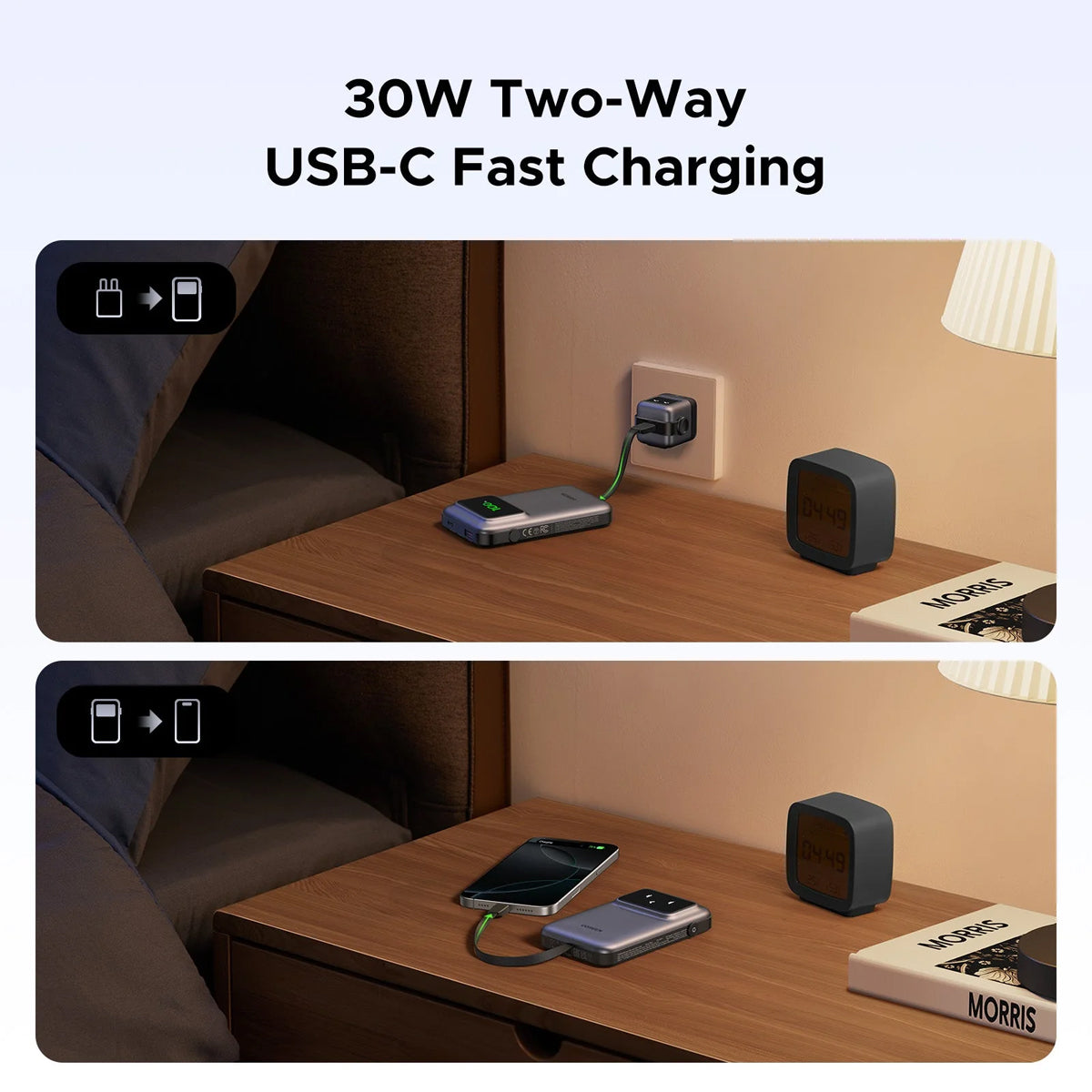 Ugreen Uno 10000mAh Quick Charging 30W Power Bank With Build-in USB-C Cable (Grey, Purple)