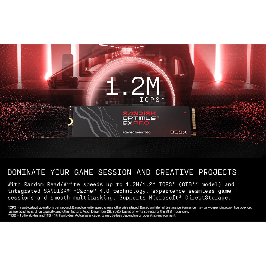Sandisk Optimus GX Pro 850X 1TB 7300MB/s Read M.2 2280 PCIe 4.0x4 NVMe SSD - Without Heatsink