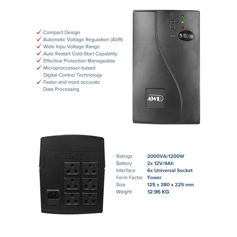 AWP Aide Single-Phase 2000VA 1200W Line-Interactive UPS with Stabilizer