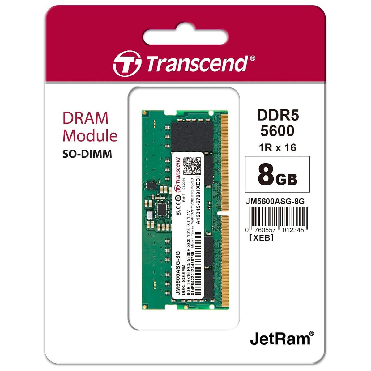 Transcend JetRam 8GB DDR5 5600MHz SODIMM 1Rx16 CL46 1.1V
