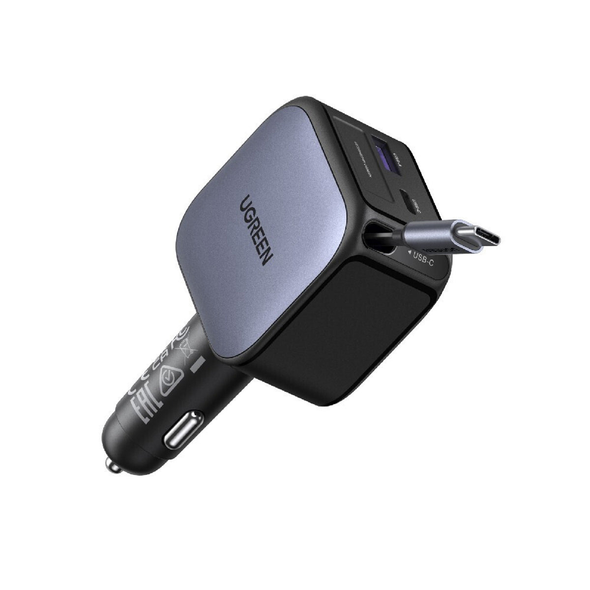 Ugreen Nexode 60W 1xUSB-C + 1xUSB-A Fast Car Charger with Retractable Cable for Tablets/Phones 