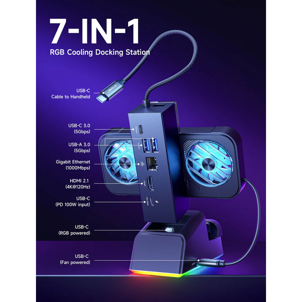 JSAUX 7-in-1 RGB Cooling Docking Station for Steam Deck/ Steam Deck OLED/ ROG Ally/ ROG Ally X
