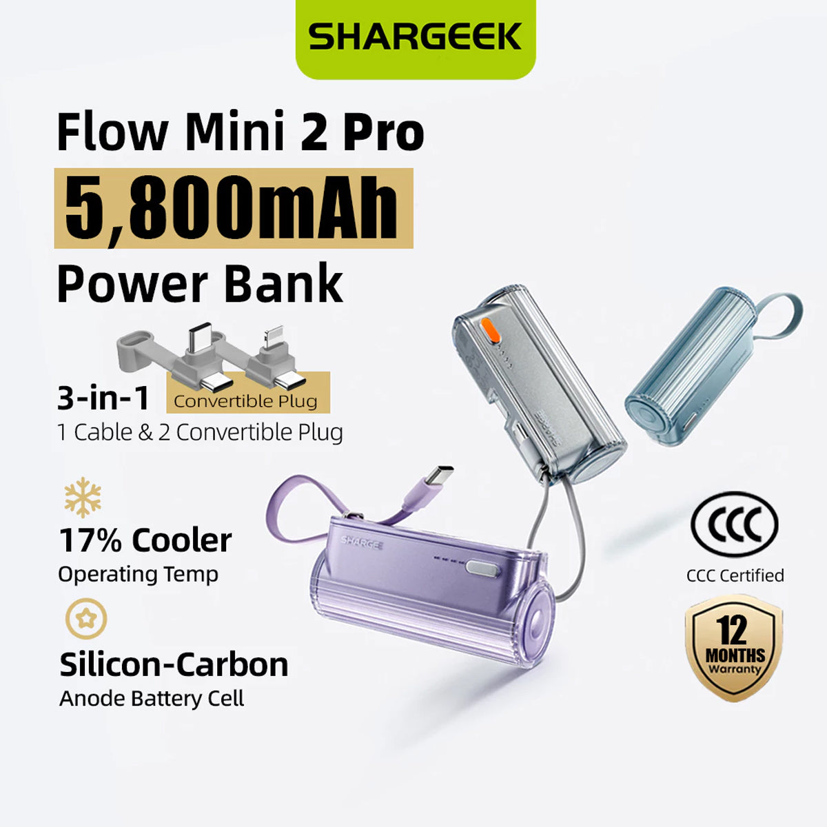 Sharge Flow Mini 2 Pro 5800mAh 22.5W Power Bank w/ Built-in USB-C Cable