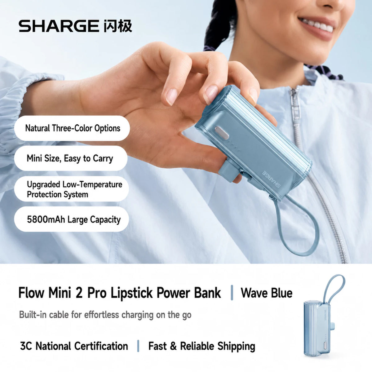 Sharge Flow Mini 2 Pro 5800mAh 22.5W Power Bank w/ Built-in USB-C Cable