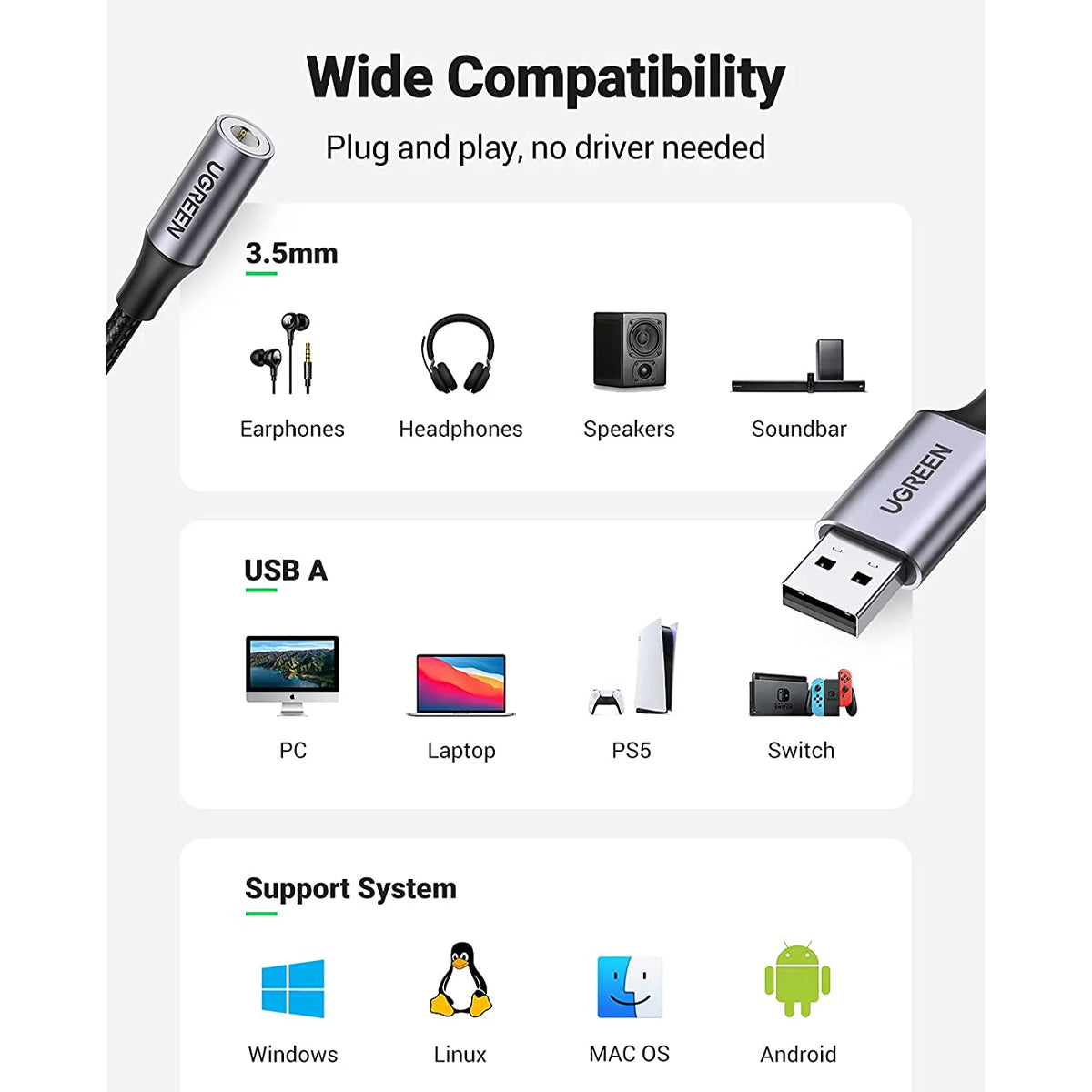 Ugreen USB-A to 3.5mm External Stereo Sound Adapter - 25cm (Dark Gray)