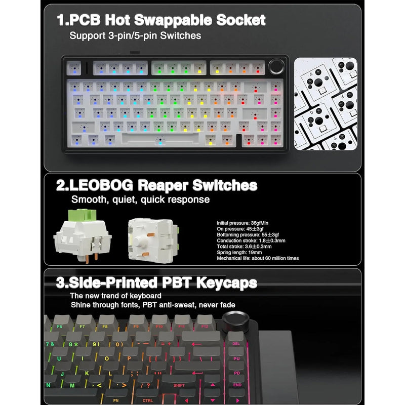 Aula F75 RGB Tri-Mode Type-C 75% 80-Key Gasket Structure Hot-Swap Mechanical Gaming Keyboard