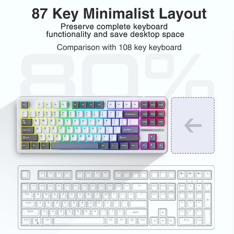 Aula F87 Wireless & Bluetooth 87 Keys Hot-Swappable Mechanical Keyboard (White/Grey/Blue)