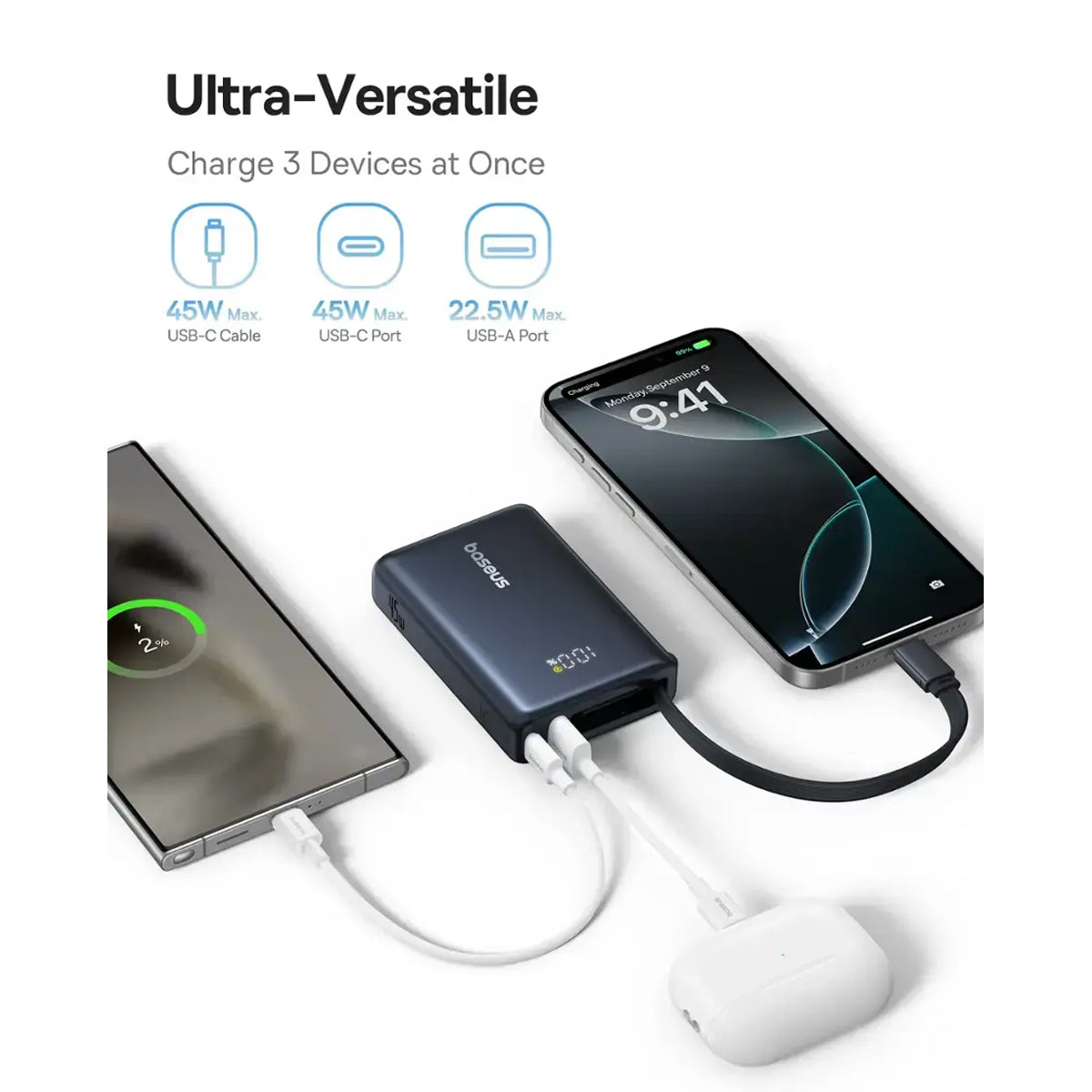Baseus PicoGo Digital Display Power Bank 10000mAh 45W with Built-in USB-C Cable (Cosmic Black)