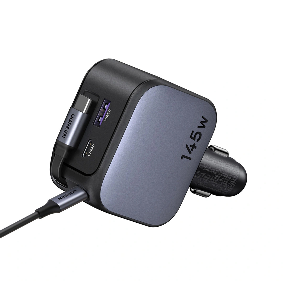 Ugreen Nexode 145W 2xUSB-C + 1xUSB-A Fast Car Charger with Retractable Cable