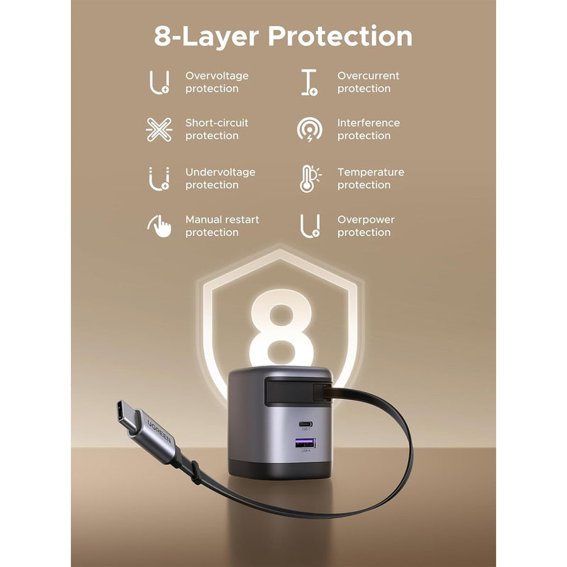 Ugreen Nexode Pro 45W 1xUSB-C + 1xUSB-A GaN Fast Charger with Type-C Retractable Cable (X614/65821)