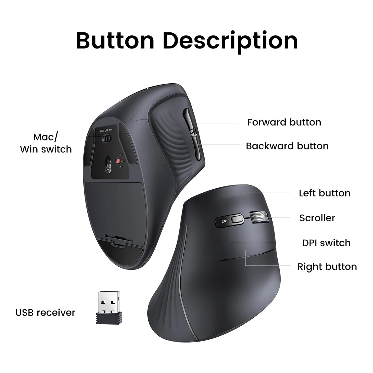 Ugreen Multi-Mode 4000DPI Mini Wireless Vertical Mouse