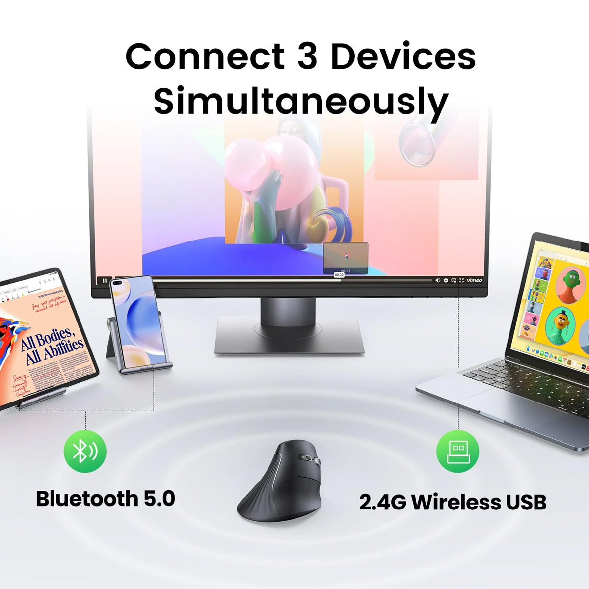 Ugreen Multi-Mode 4000DPI Mini Wireless Vertical Mouse