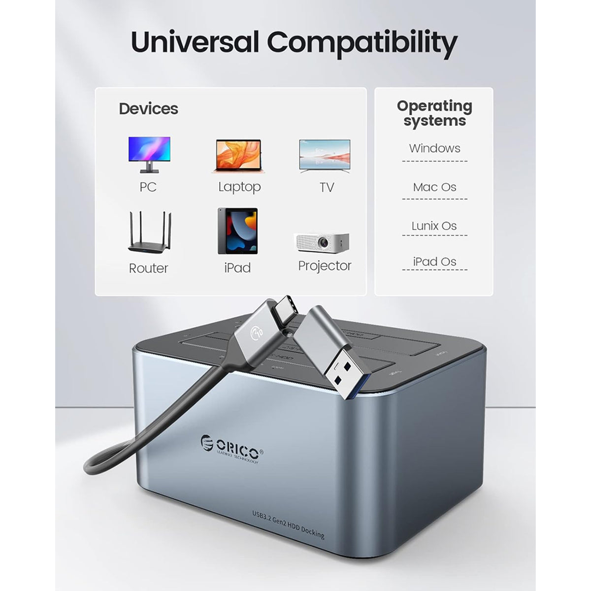 ORICO 2 Bay Hard Drive Dock HDD/SSD (6626C3-C-V1-US-GY-BP-HW)