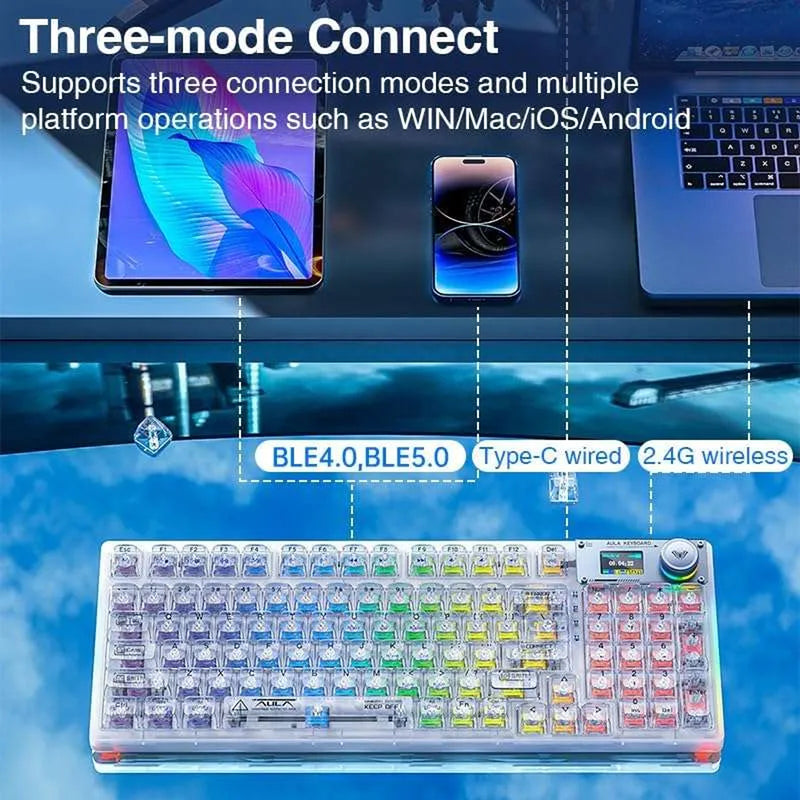 Aula F98 Pro Wireless & Bluetooth 99 Keys 3-In-1 Hot-Swappable Mechanical Keyboard (White)