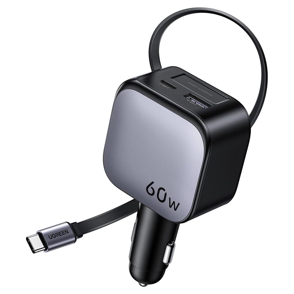 Ugreen Nexode 60W 1xUSB-C + 1xUSB-A Fast Car Charger with Retractable Cable for Tablets/Phones 