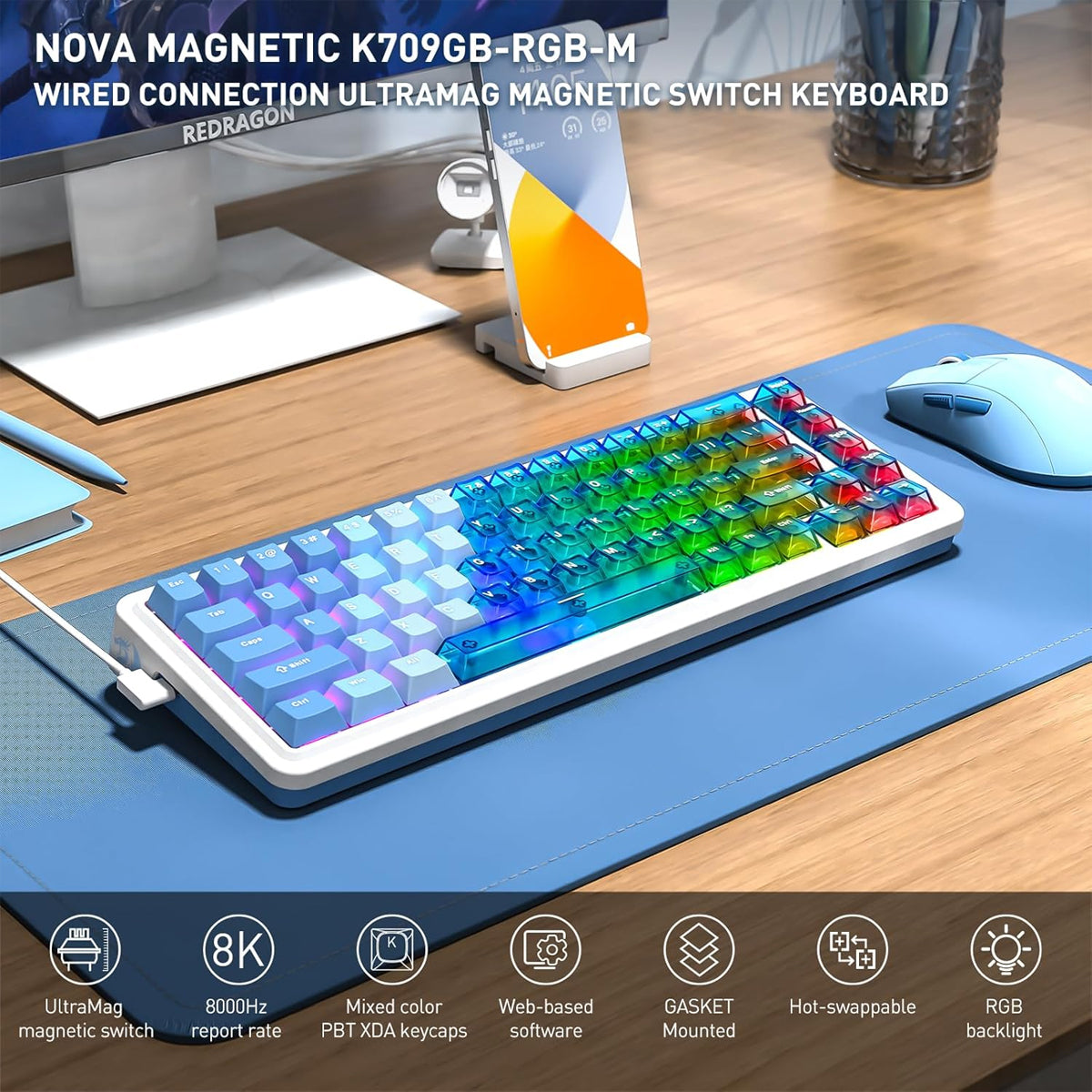 Redragon Nova Magnetic K709 RGB Hot-Swappable Wired 65% Keyboard with Rapid Trigger