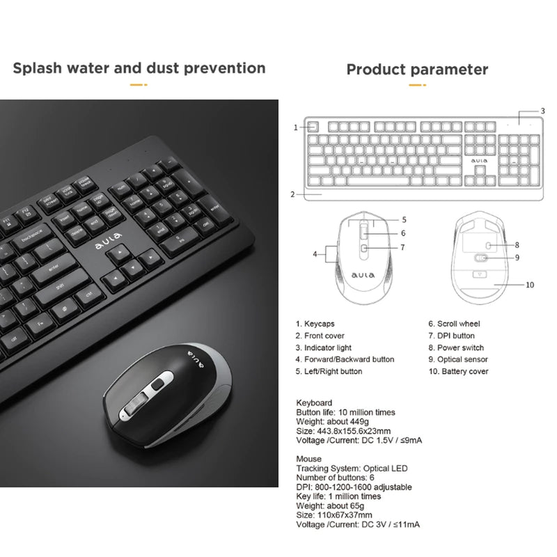 Aula AC203 2.4GHz Wireless Keyboard & Mouse Combo (Black)