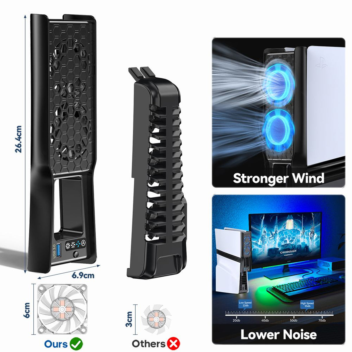 PS5 Auto Mode Cooling Fan with 3 Speed Levels for PS5 Slim / PS5 Pro