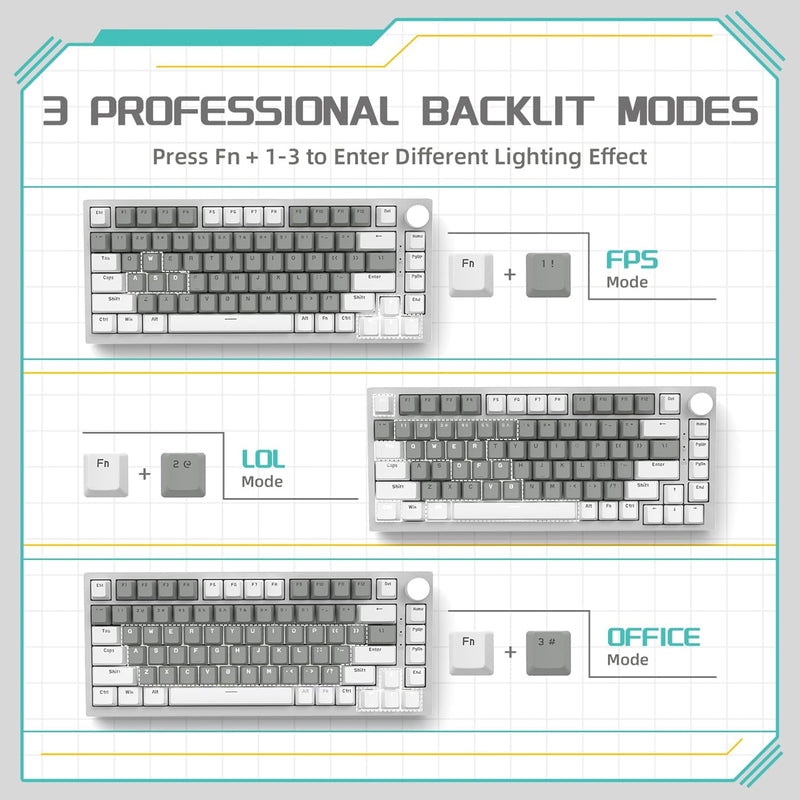 Ajazz AK820 White Backlit Wired 75% Hot-Swappable Mechanical Keyboard
