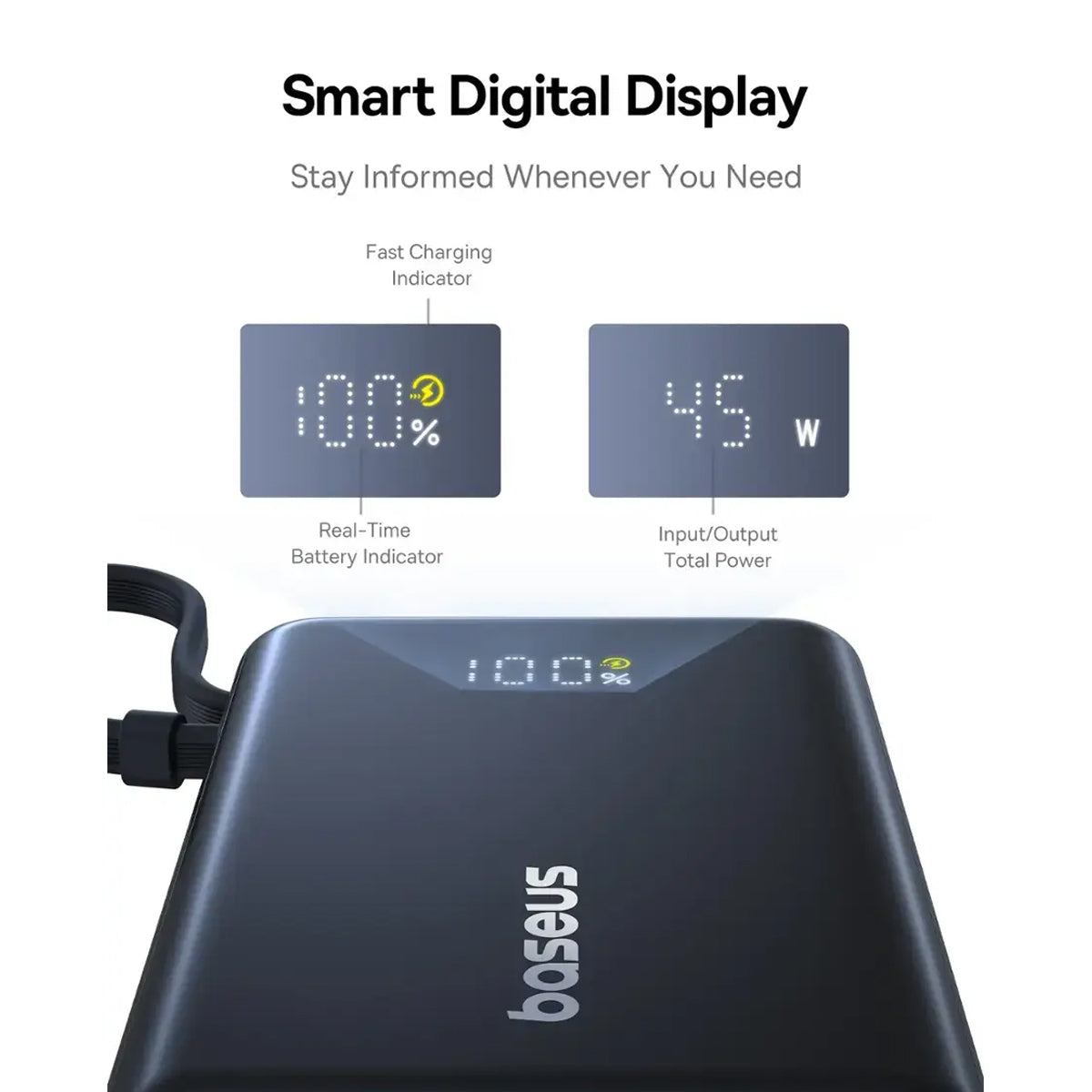 Baseus PicoGo Digital Display Power Bank 10000mAh 45W with Built-in USB-C Cable (Cosmic Black)