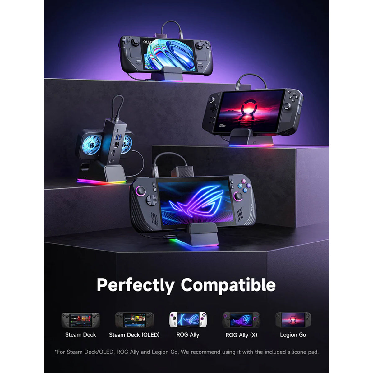 JSAUX 7-in-1 RGB Cooling Docking Station for Steam Deck/ Steam Deck OLED/ ROG Ally/ ROG Ally X