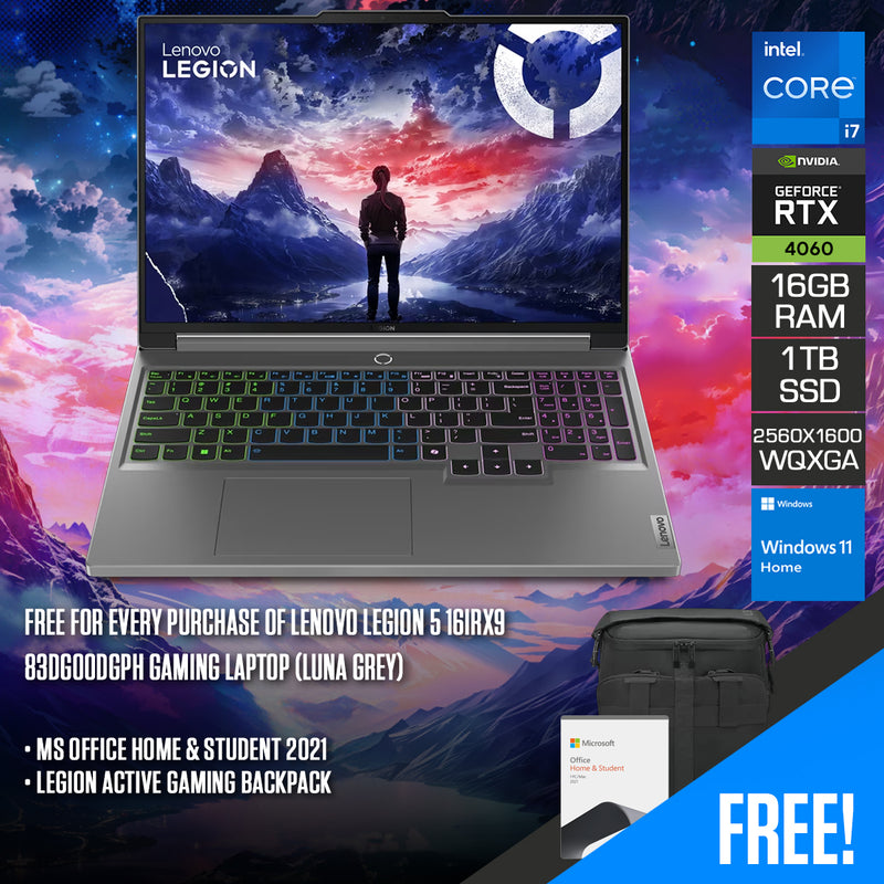 Lenovo Legion 5 16IRX9 83DG00DGPH Gaming Laptop (Luna Grey) | 16" WQXGA (2560x1600) IPS 165Hz | i7-14650HX | 16GB RAM | 1TB SSD | RTX 4060 | Windows 11 Home | MS Office Home & Student 2021 + Legion Active Gaming Backpack
