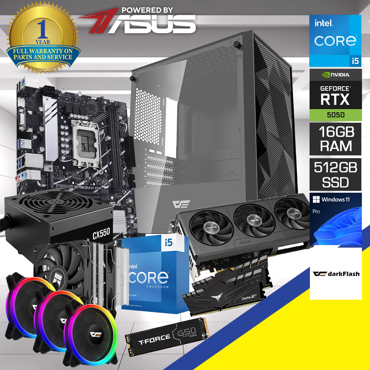 Powered by Asus: M305 Mesh Black  Desktop Gaming PC | Intel Core i5-13600KF 13th Gen | 16GB (2X8GB) RAM | 512GB SSD | RTX 5050