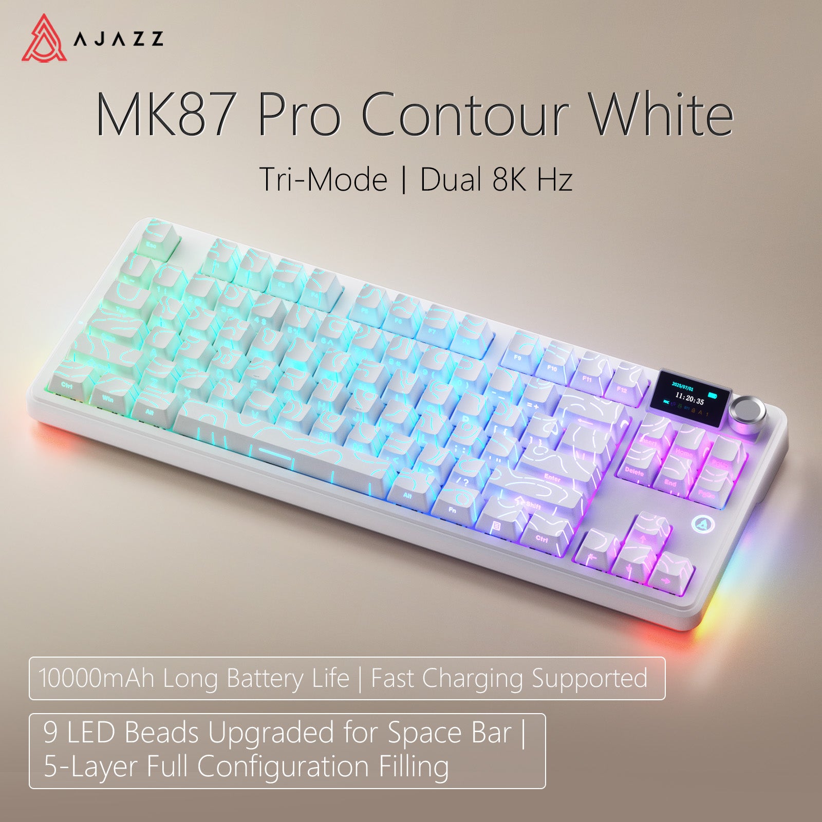 Ajazz MK87 Pro RGB Tri-Mode Mechanical Keyboard (Original Contour White) (White Peach Switch)