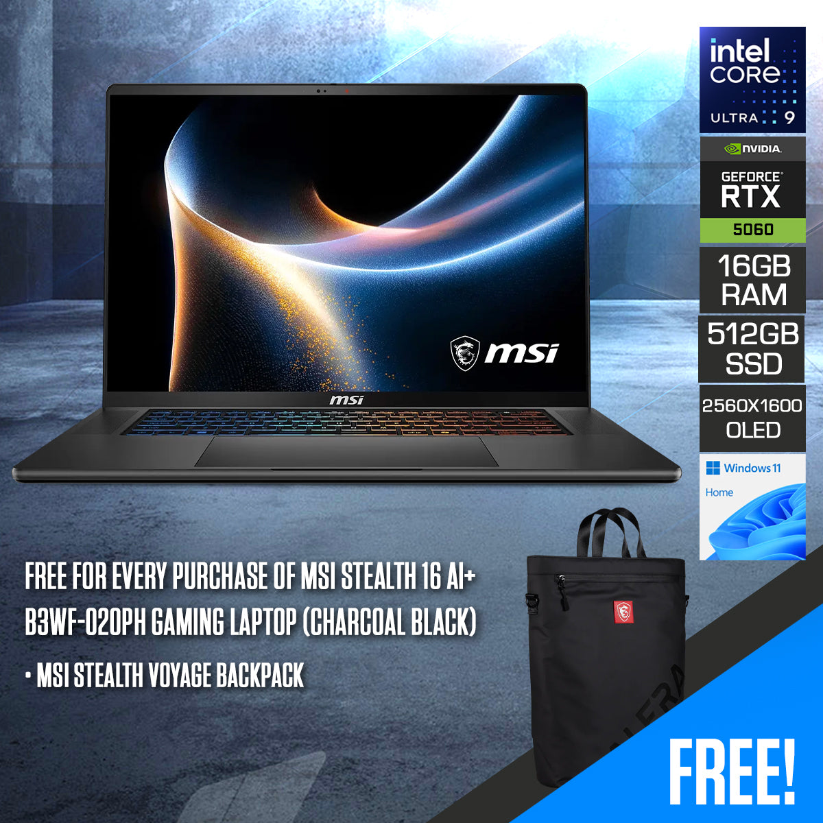MSI Stealth 16 AI+ B3WF-020PH Gaming Laptop (Charcoal Black)