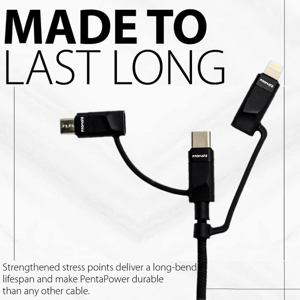 Promate Pentapower 6-IN-1 Hybrid Multi-Connector Cable For Charging And Data Transfer Black