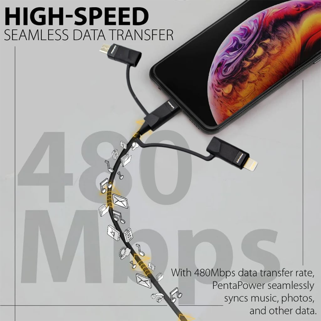 Promate Pentapower 6-IN-1 Hybrid Multi-Connector Cable For Charging And Data Transfer Black