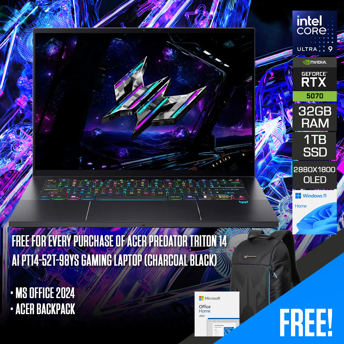 Acer Predator Triton 14AI PT14-52T-98YS Gaming Laptop (Charcoal Black)
