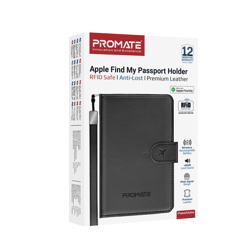Promate PassMate Anti-Loss Slim Leather Passport Holder with RFID Protection & Smart Tracking